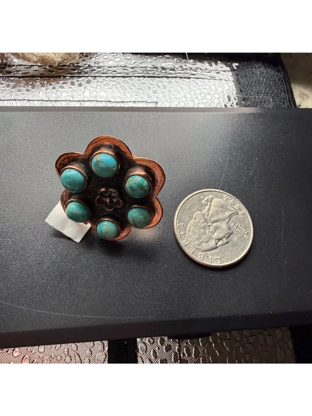 Artisan crafted Mohave Turquoise Copper Cluster Flower Ring Adj Rustic Boho 10g